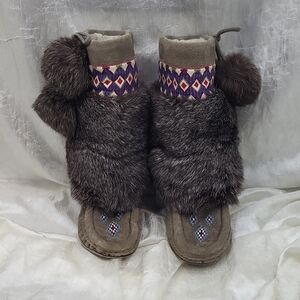 handmade traditional beaded mukluks suede leather  rabbit fur trim and poms